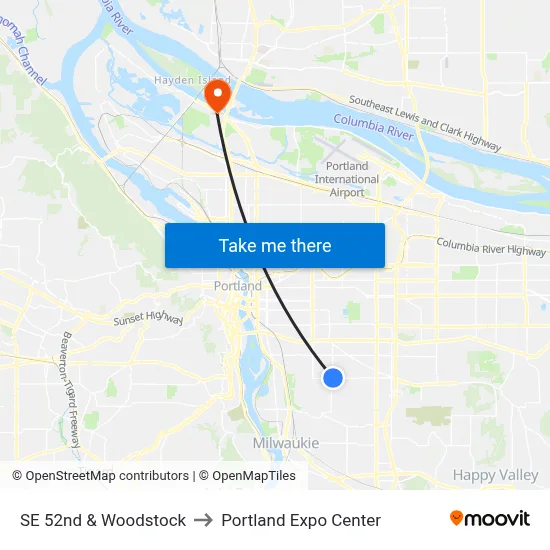 SE 52nd & Woodstock to Portland Expo Center map