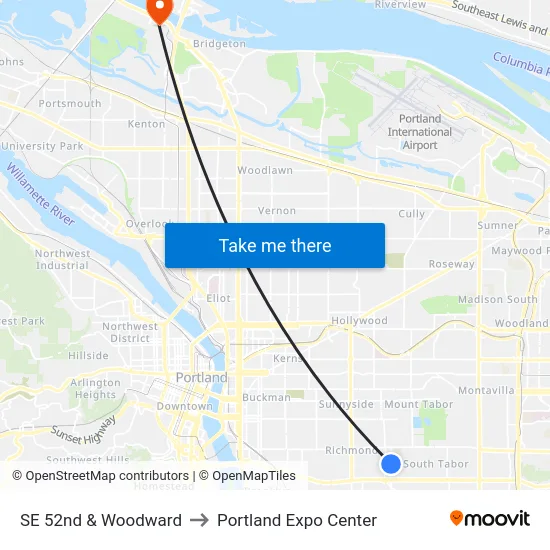 SE 52nd & Woodward to Portland Expo Center map