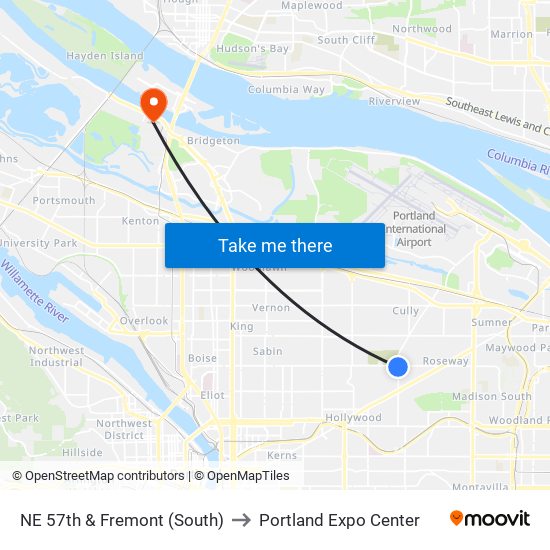 NE 57th & Fremont (South) to Portland Expo Center map