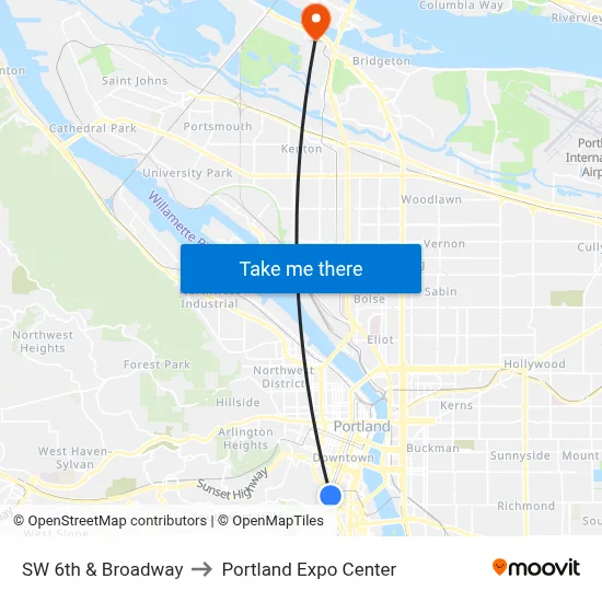 SW 6th & Broadway to Portland Expo Center map