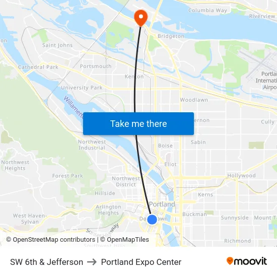 SW 6th & Jefferson to Portland Expo Center map