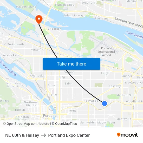 NE 60th & Halsey to Portland Expo Center map