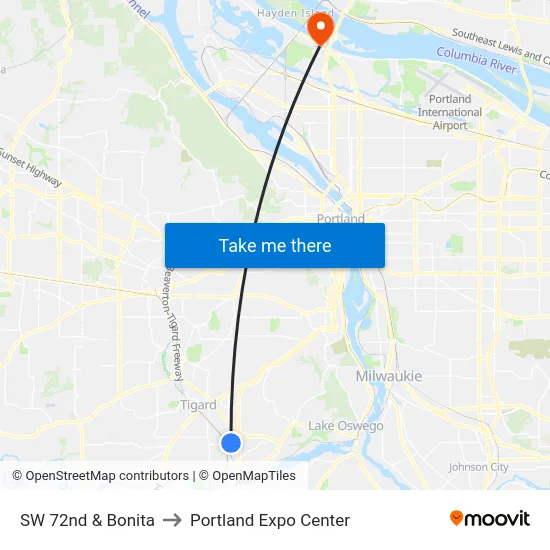 SW 72nd & Bonita to Portland Expo Center map