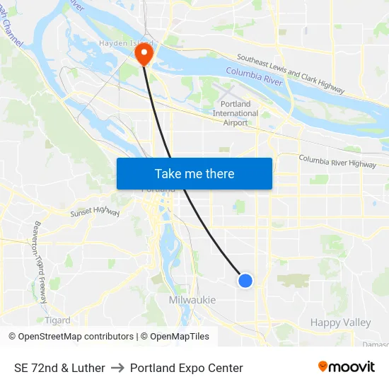 SE 72nd & Luther to Portland Expo Center map