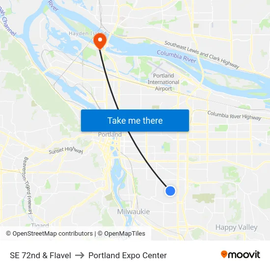 SE 72nd & Flavel to Portland Expo Center map