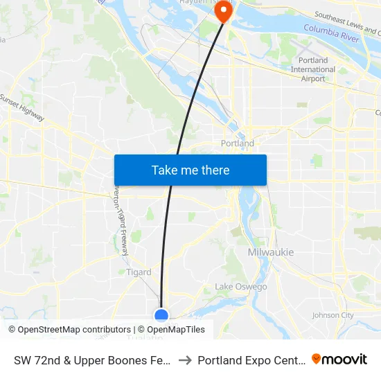 SW 72nd & Upper Boones Ferry to Portland Expo Center map