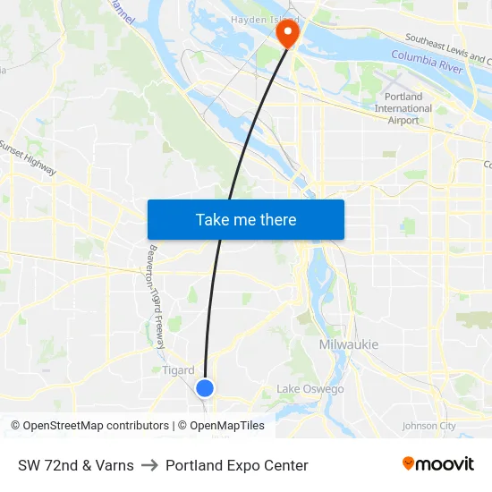 SW 72nd & Varns to Portland Expo Center map