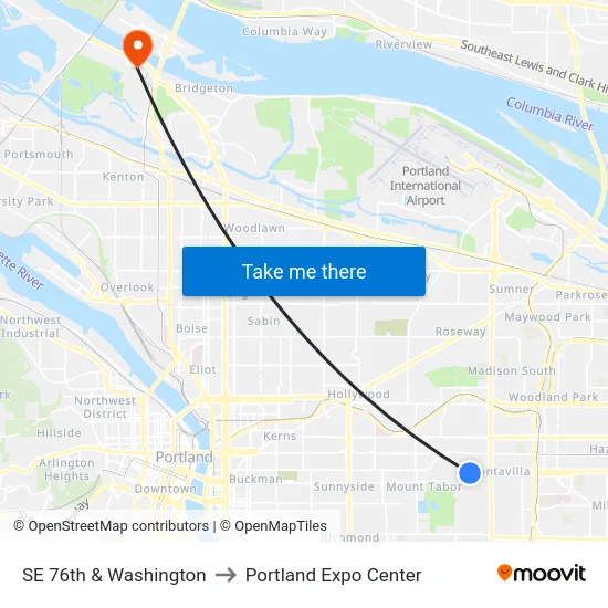 SE 76th & Washington to Portland Expo Center map