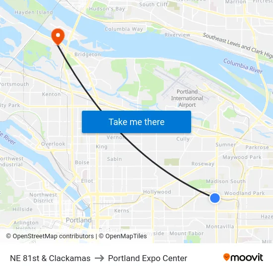 NE 81st & Clackamas to Portland Expo Center map