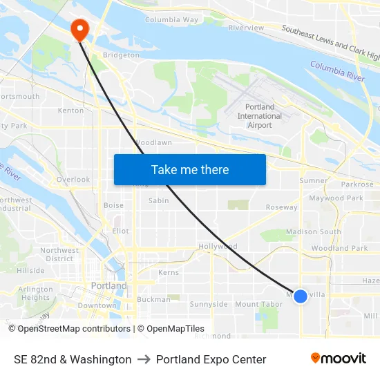 SE 82nd & Washington to Portland Expo Center map
