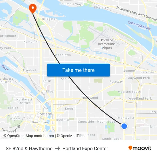 SE 82nd & Hawthorne to Portland Expo Center map
