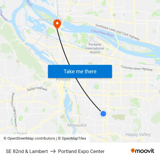 SE 82nd & Lambert to Portland Expo Center map