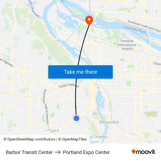 Barbur Transit Center to Portland Expo Center map