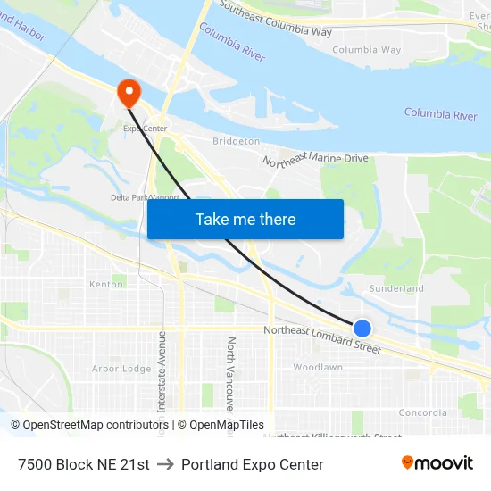 7500 Block NE 21st to Portland Expo Center map