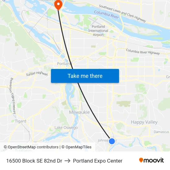 16500 Block SE 82nd Dr to Portland Expo Center map