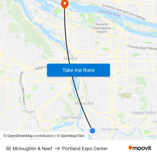 SE Mcloughlin & Naef to Portland Expo Center map