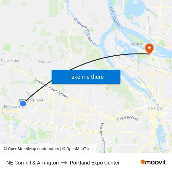 NE Cornell & Arrington to Portland Expo Center map