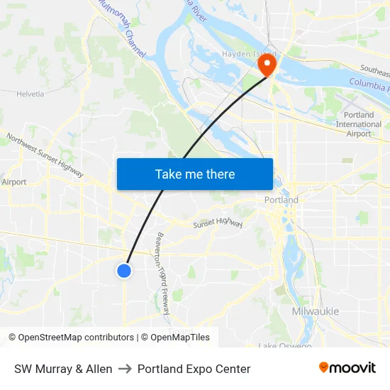 SW Murray & Allen to Portland Expo Center map