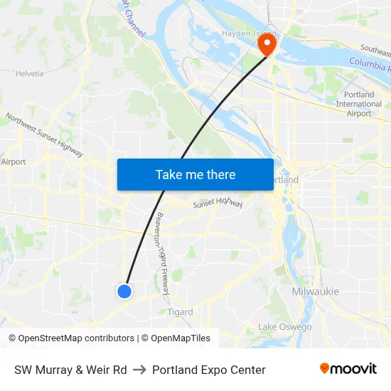 SW Murray & Weir Rd to Portland Expo Center map