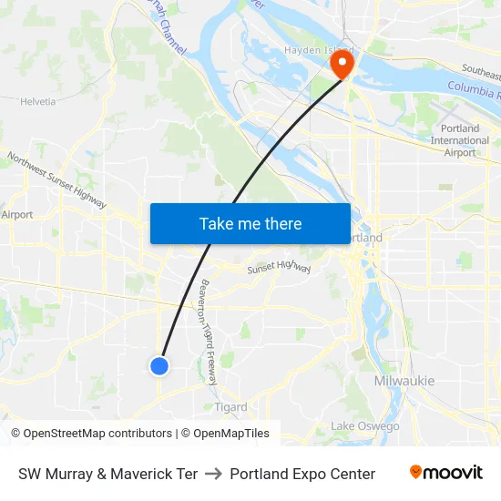 SW Murray & Maverick Ter to Portland Expo Center map