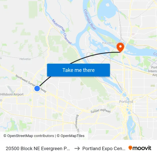 20500 Block NE Evergreen Pkwy to Portland Expo Center map