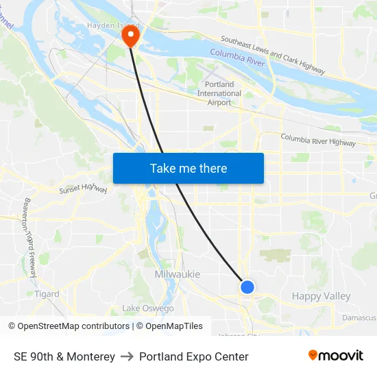 SE 90th & Monterey to Portland Expo Center map