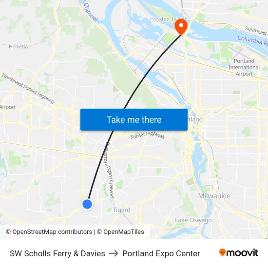 SW Scholls Ferry & Davies to Portland Expo Center map