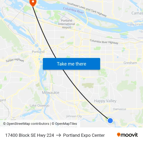 17400 Block SE Hwy 224 to Portland Expo Center map