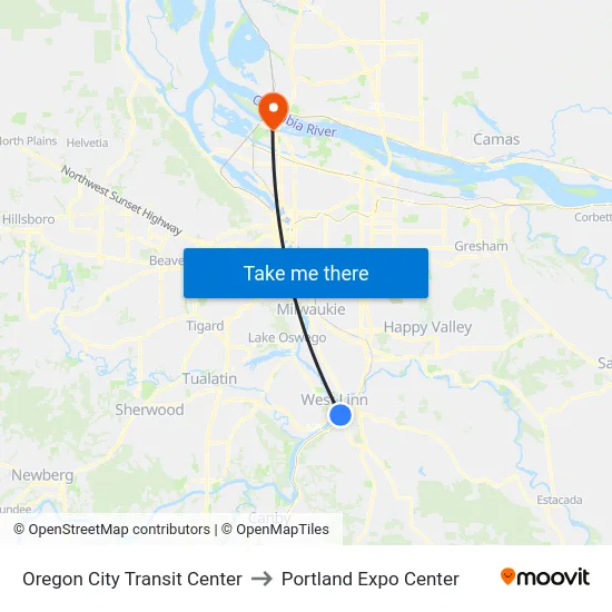 Oregon City Transit Center to Portland Expo Center map