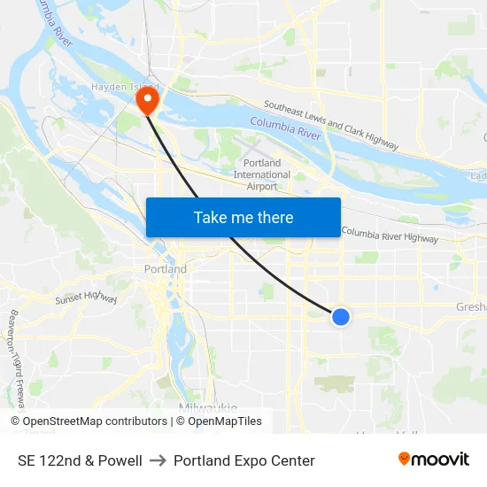 SE 122nd & Powell to Portland Expo Center map