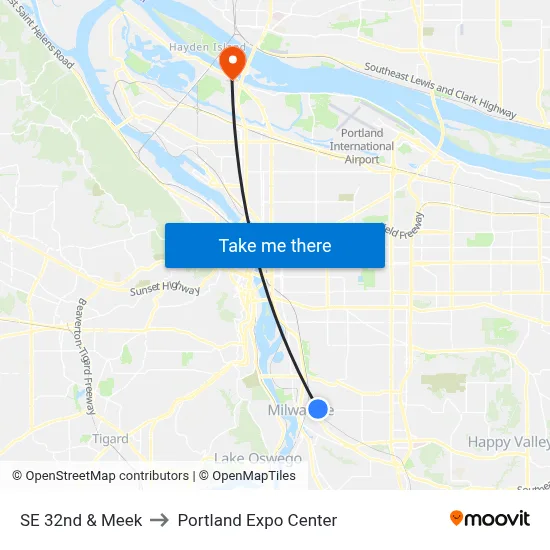 SE 32nd & Meek to Portland Expo Center map