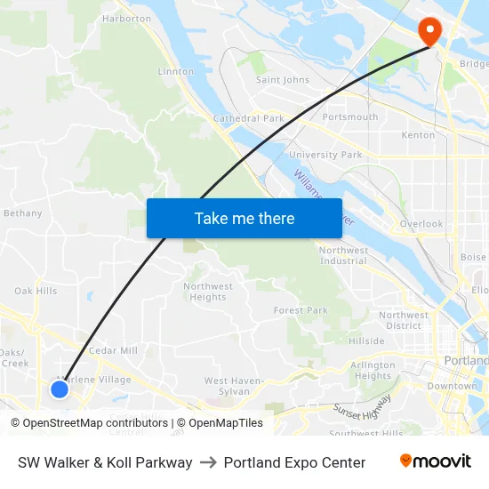 SW Walker & Koll Parkway to Portland Expo Center map