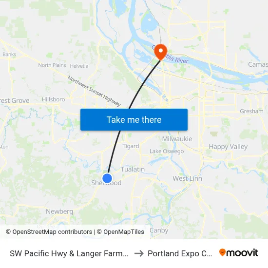 SW Pacific Hwy & Langer Farms Pkwy to Portland Expo Center map