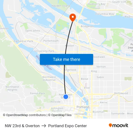 NW 23rd & Overton to Portland Expo Center map