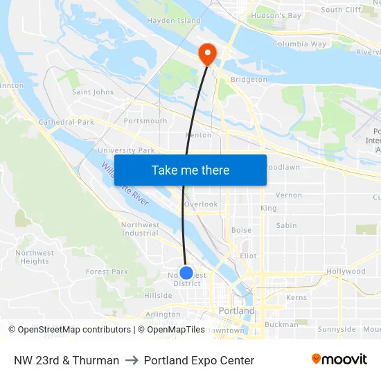 NW 23rd & Thurman to Portland Expo Center map