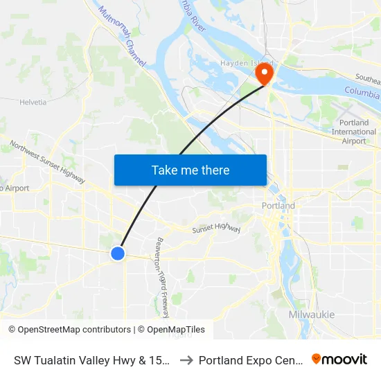 SW Tualatin Valley Hwy & 153rd to Portland Expo Center map