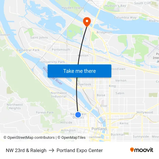 NW 23rd & Raleigh to Portland Expo Center map