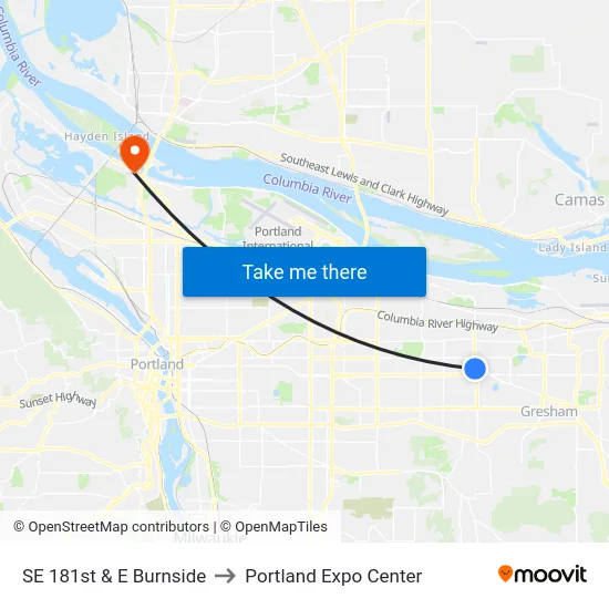 SE 181st & E Burnside to Portland Expo Center map
