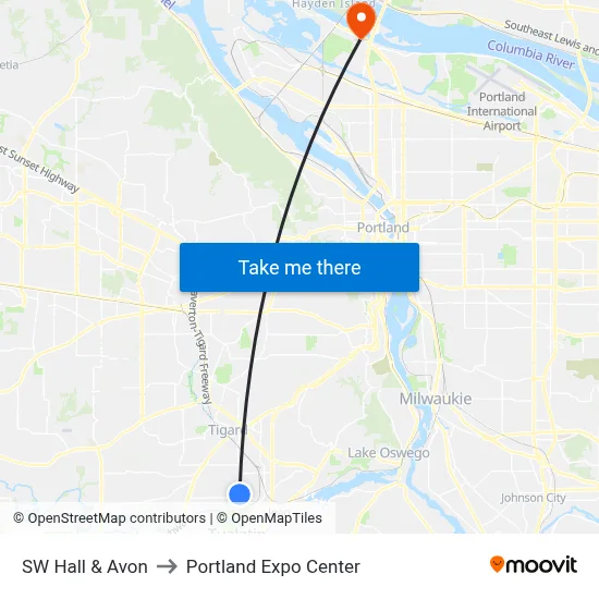 SW Hall & Avon to Portland Expo Center map