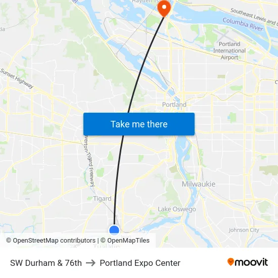 SW Durham & 76th to Portland Expo Center map