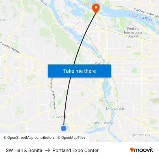 SW Hall & Bonita to Portland Expo Center map