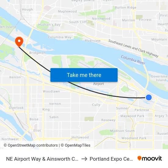 NE Airport Way & Ainsworth Circle to Portland Expo Center map