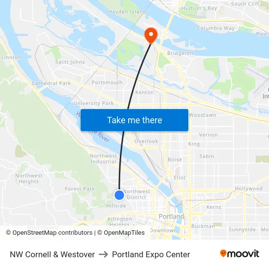 NW Cornell & Westover to Portland Expo Center map