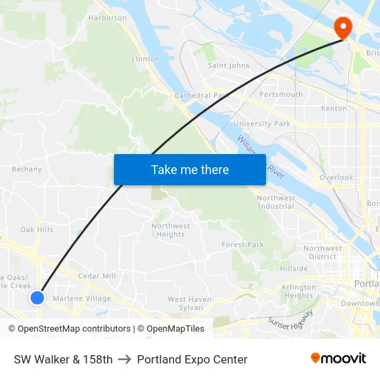 SW Walker & 158th to Portland Expo Center map
