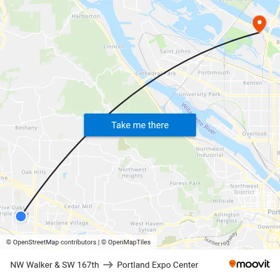 NW Walker & SW 167th to Portland Expo Center map