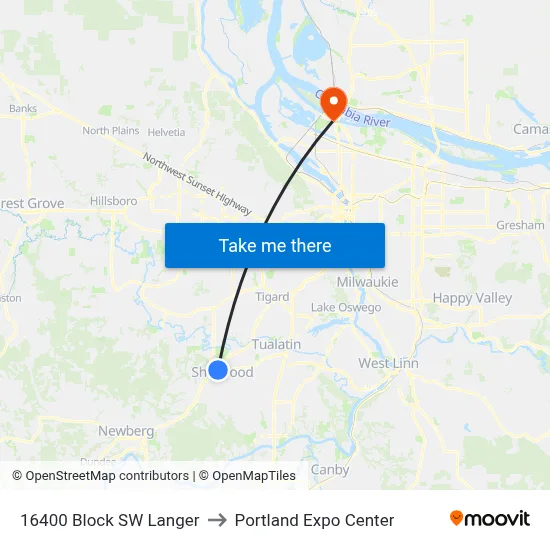 16400 Block SW Langer to Portland Expo Center map