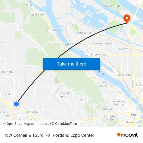 NW Cornell & 153rd to Portland Expo Center map