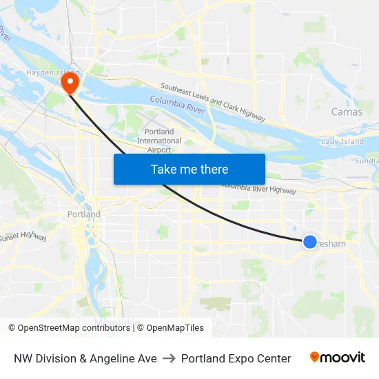 NW Division & Angeline Ave to Portland Expo Center map