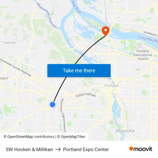 SW Hocken & Millikan to Portland Expo Center map