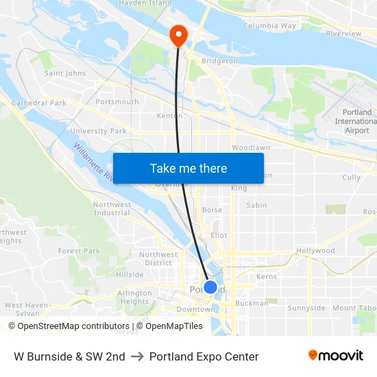 W Burnside & SW 2nd to Portland Expo Center map
